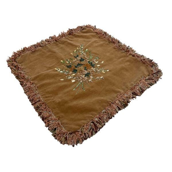 Vintage Embroidered Velvet Cushion Cover With Floral Bouquet & Fringe, 16" For Sale - Image 4 of 5
