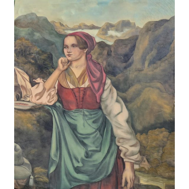 Large Painting – Girl in Traditional Costume in an Alpine Landscape Impressive large-scale romantic genre scene depicting...