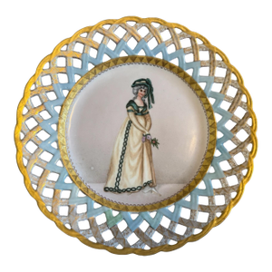 Antique French Victorian Hand Painted Gilt Decorated Portrait Plate Maiden in a Dress Green Accents