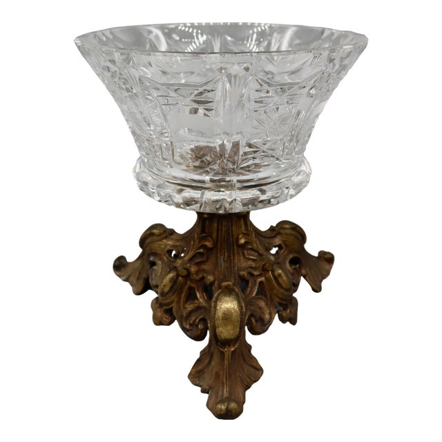 American Brilliant Period Cut Crystal Compote in Original Ornate Metal Stand, C. 1890–1910 For Sale