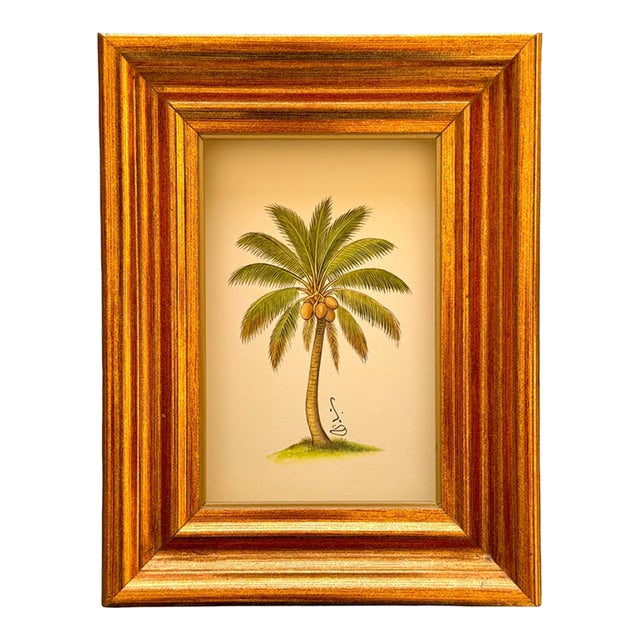 Original Hand-Painted Palm Tree Painting in a Vintage Frame For Sale