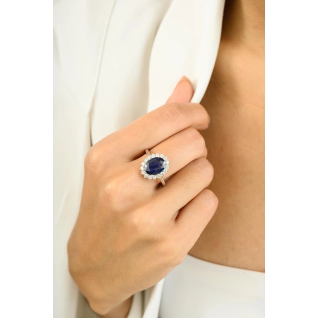 Blue Diamonds Halo Oval Cut Sapphire Cocktail Ring in 14k Solid White Gold Size 5.5 For Sale - Image 8 of 12