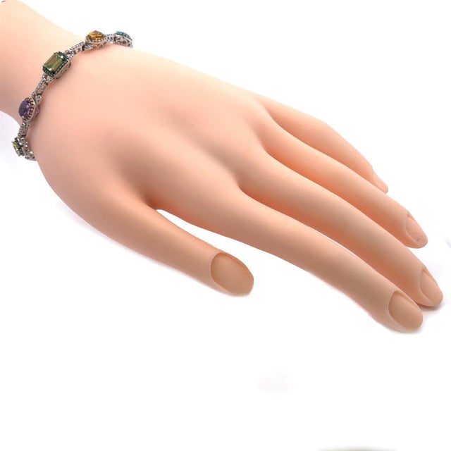 Contemporary Lovely Diamond Multicolor Gems 18k White Gold Bracelet For Sale - Image 3 of 5