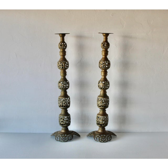 Brass Vintage Altar Size Pierced Brass Floor Candlestick Holders Ornate Reticulated Design Mid Century For Sale - Image 8 of 15
