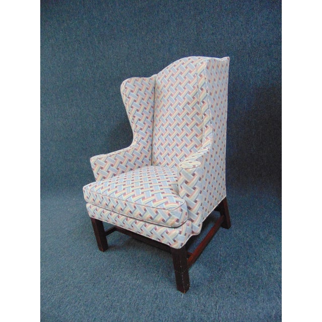 Hickory chair company Chippendale Style Wing Chair, multicolored woven designed upholstery, scrolled out arms, mahogany...