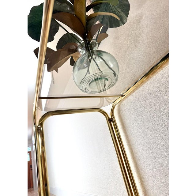 Mid-Century Modern Hollywood Regency Brass Console Table With Smoked Glass Top and Waterfall Edges For Sale - Image 3 of 9