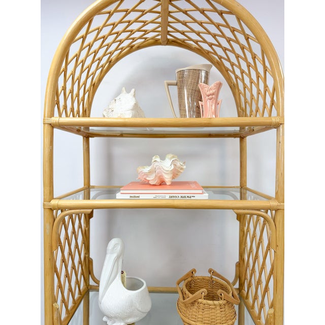 Vintage Arched Rattan Wicker Bamboo Shelf Hollywood Regency Coastal 5 Shelves For Sale - Image 9 of 15
