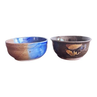 Vintage Pair of Glazed Stoneware Studio Pottery Signed Bowls For Sale