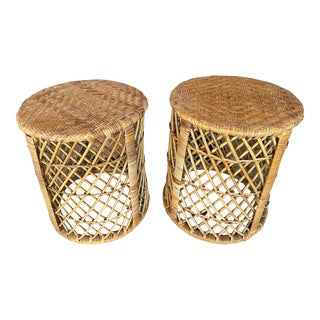 Vintage Palm Beach Pair of Woven Rattan & Bamboo Drum Stools Benches For Sale