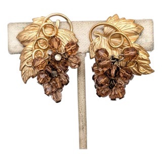 Vintage 1960s Signed Napier Goldtone Faux-Topaz Grape Cluster Dangle Clip Earrings-2 Pieces For Sale