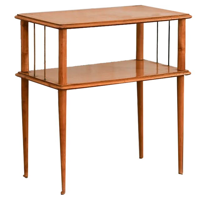 Mid-Century Wooden Side Table with Brass Details and Double Shelf, 1950s For Sale