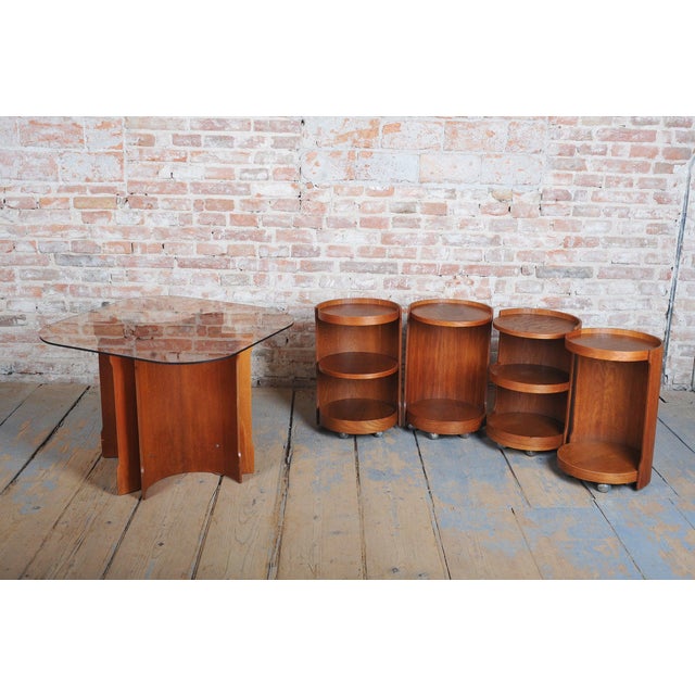 Mid-Century Modern Nesting Tables in Oak and Smoked Glass, Czech, 1960s, Set of 5 For Sale - Image 6 of 11