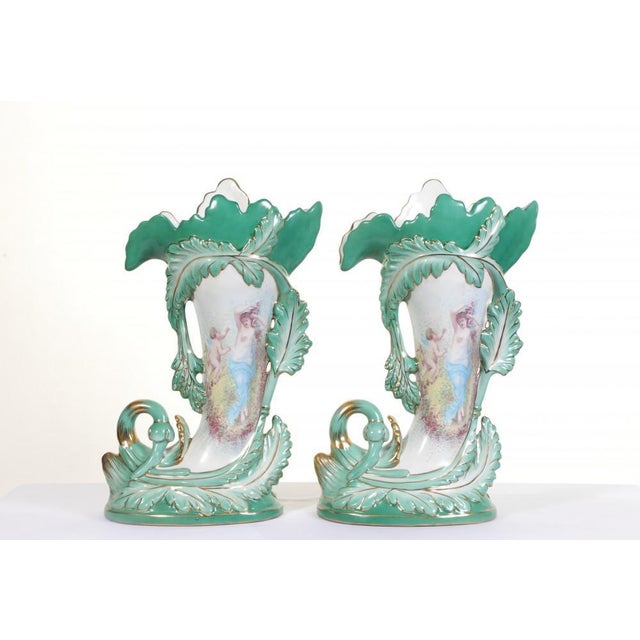Porcelain Vases with Cornucopia Cherubs in the Style of Sevres, Set of 2 For Sale - Image 3 of 18