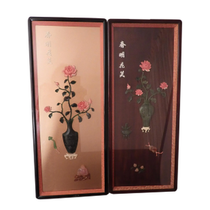 Vintage Chinese Taiwan Black Lacquer & Hardstone 3D Panels Framed Spring Summer- Set of 2
