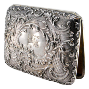 Embossed Silver Cigarette Case with Monogram Card and Hinged Lid