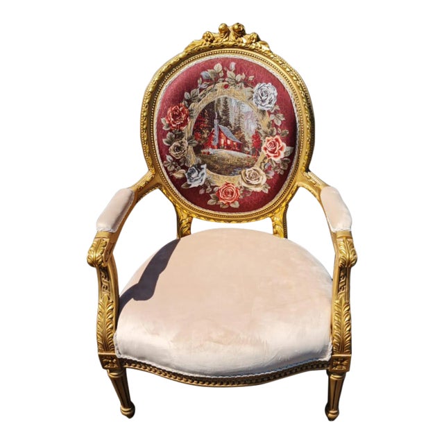 Gilded French Louis XVI Style Armchair /Chair With Simple Back Design For Sale
