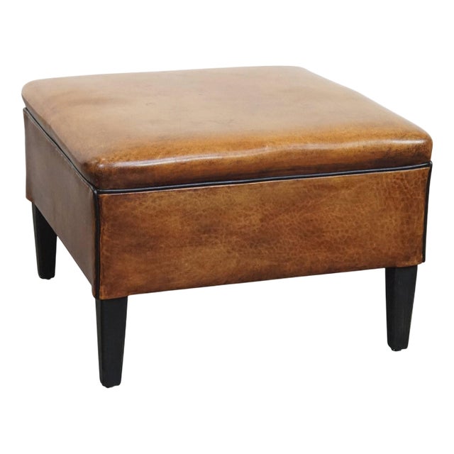 Square Sheepskin Ottoman with Black Piping For Sale