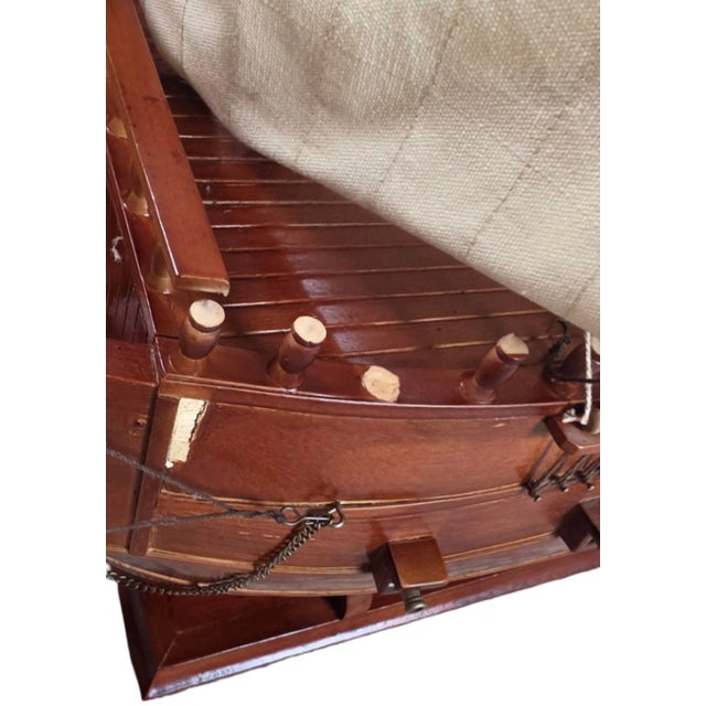Large Handcrafted Wooden Three-Masted Sailing Ship Model With Cloth Sails For Sale - Image 12 of 12