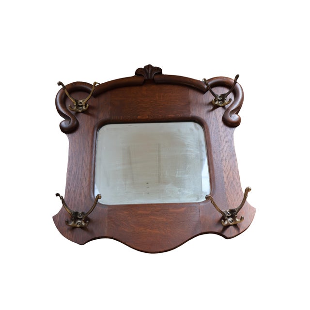 Early 20th Century Antique Quarter-Sawn Oak Hall Mirror With Brass Hooks, C. 1900 For Sale - Image 5 of 18