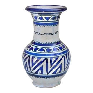 Mid 20th Century Handcrafted Moroccan Ceramic Vase W/ Banded Motifs in Blue Hues For Sale