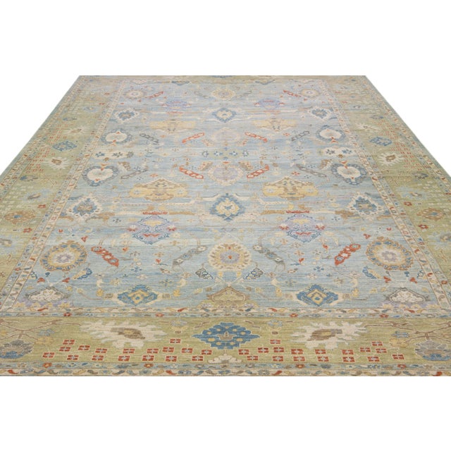 Modern Mid 20th Century Modern Persian Sultanabad Blue Handmade Floral Wool Rug For Sale - Image 3 of 11
