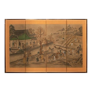 C. 1960s Vintage Korean Painted Screen "Landscape With Building" For Sale