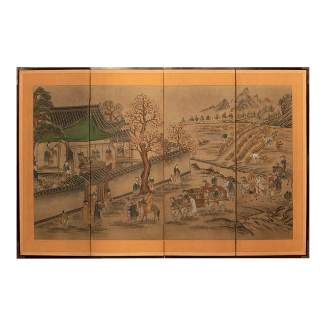 C. 1960s Vintage Korean Painted Screen "Landscape With Building" For Sale
