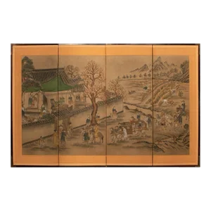 C. 1960s Vintage Korean Painted Screen "Landscape With Building"