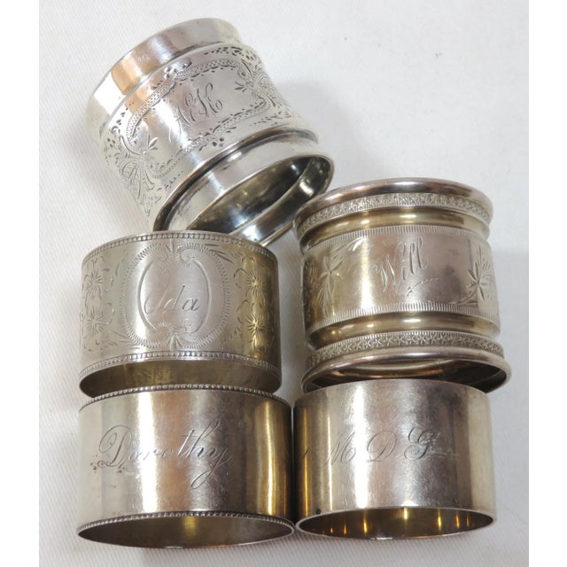 Set of 5 Antique Sterling Silver Napkin Rings With Engraved Names Ida - Will & Dorothy For Sale In Boston - Image 6 of 13