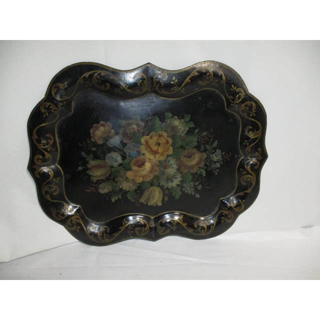 Antique Hand-Painted Floral Tole Tray For Sale - Image 4 of 11