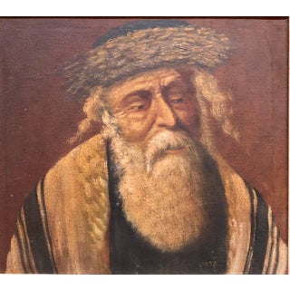 Chassidic Rabbi with Shtreimel, Rare Judaica Oil Painting Signed in Hebrew For Sale