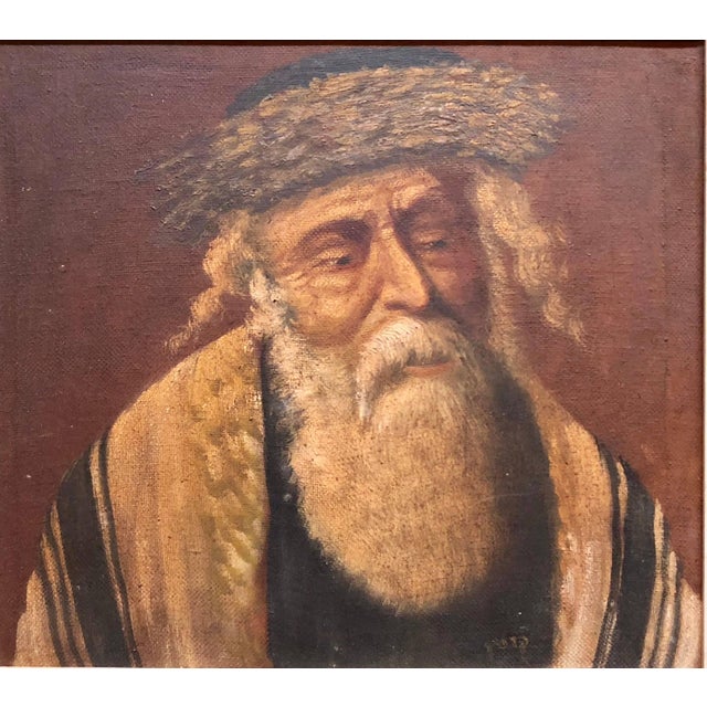 Chassidic Rabbi with Shtreimel, Rare Judaica Oil Painting Signed in Hebrew For Sale