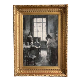 19th Century French Black and White Painting in Gilt Frame Signed Leon Fauret For Sale