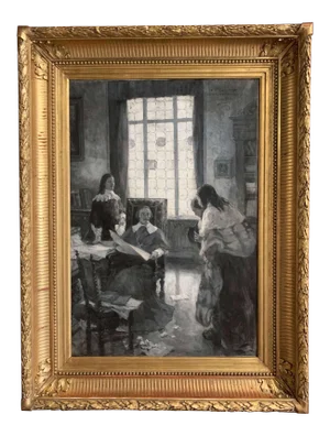 19th Century French Black and White Painting in Gilt Frame Signed Leon Fauret