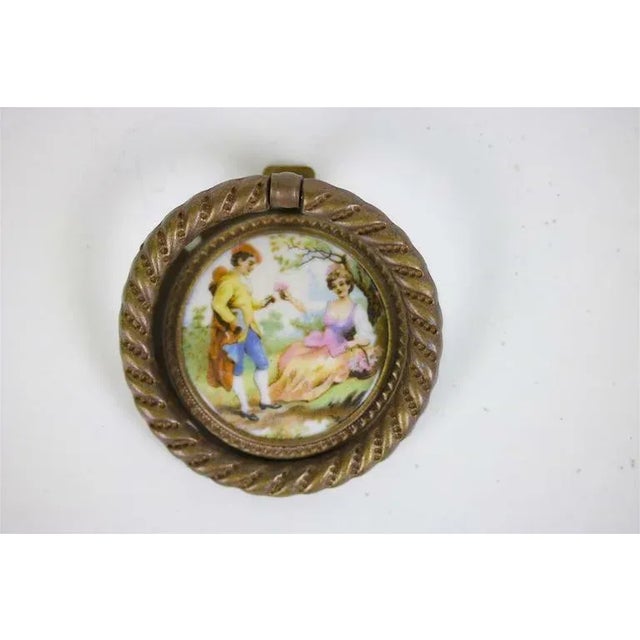Baroque Early 20th Century Porcelain Fragonard Aged Brass Pulls & Tie Backs With Two-Drawer Pulls - 4 Pieces For Sale - Image 3 of 8