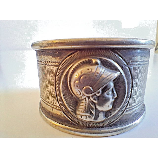 Rare antique american coin silver medallion napkin ring, decorated with an applied figural ancient warrior's head on the...