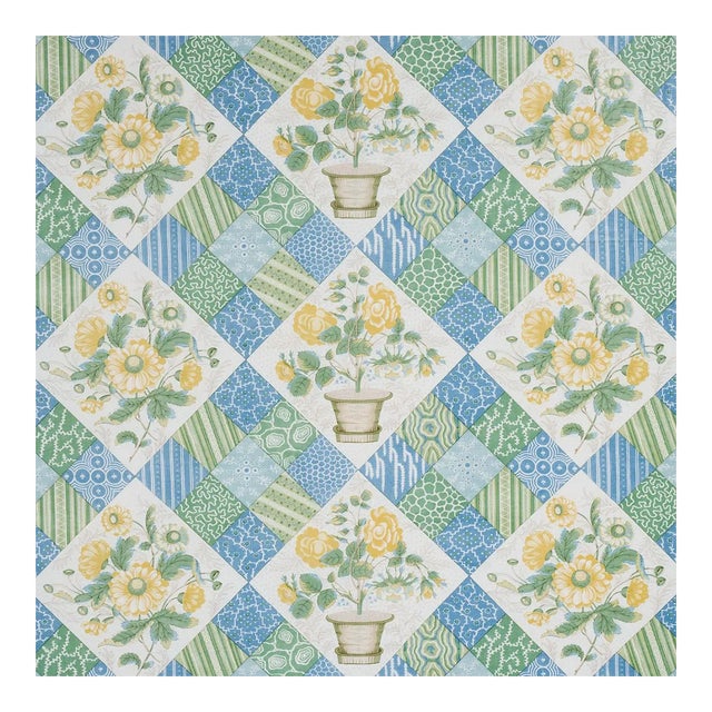 Sample - Schumacher Caldwell Patchwork Chintz Fabric in Yellow & Cornflower For Sale