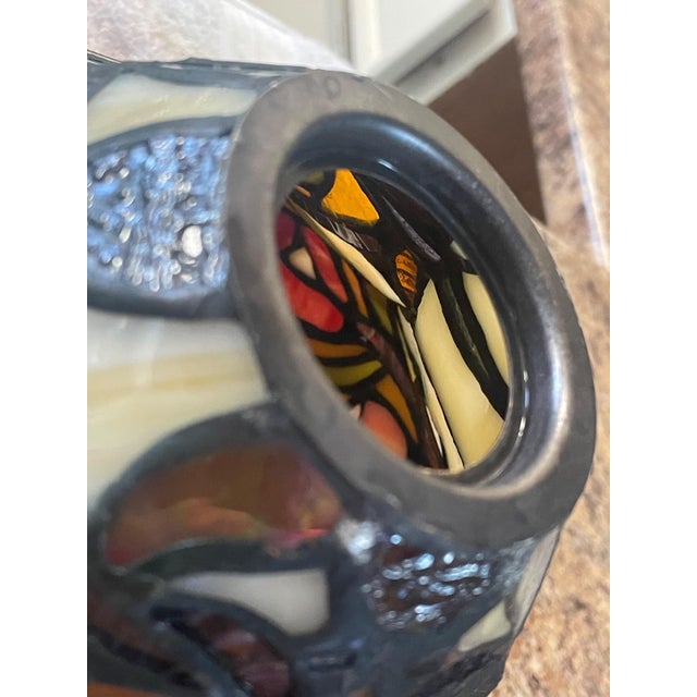 Art Deco Late 20th Century Tiffany Style Stained Glass Pendant Light Shades Floral Leaded Glass - a Pair For Sale - Image 3 of 7