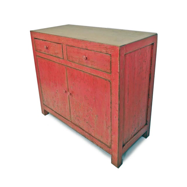 Vintage salvaged distressed elm wood persimmon cabinet. Cabinet space below and two drawers above. Each varies in exact...