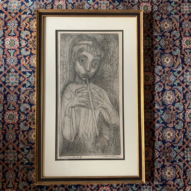 Mid 20th Century "Girl with Flute" Abstract Figurative Woodcut Print by Irving Amen, Framed For Sale - Image 13 of 13