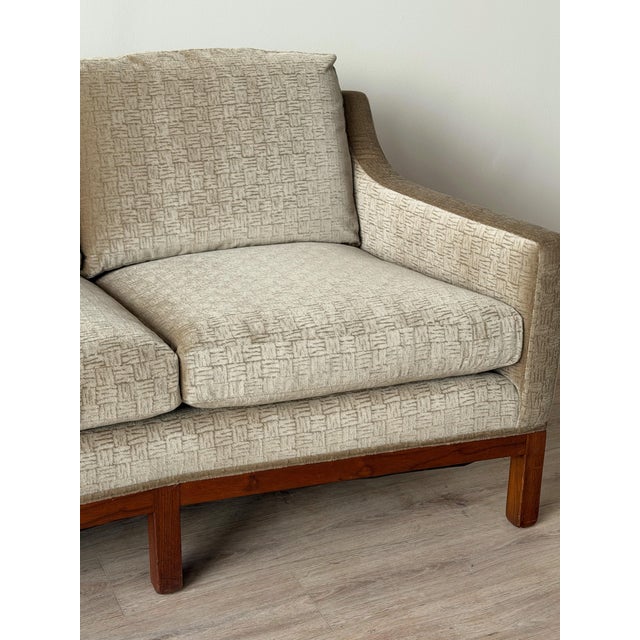 Wood Mid-Century Curved Sofa in Sage Green Graphic Cut Mohair For Sale - Image 7 of 12