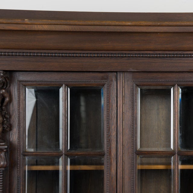 Brown 20th Century Danish Oak Display Cabinet With Carved Putti and Beveled Glass For Sale - Image 8 of 18