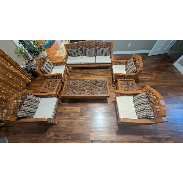 Pure Forest Teakwood Highly Engraved Thailand Living Room 8-Piece Antique Furniture With Glass Tops , Pillows and Cusions Included in Addition For Sale - Image 10 of 11