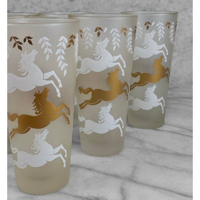 Mid 20th Century Mid-Century Hollywood Regency Frosted Glass Galloping Horse Tumblers - Set of 6 For Sale - Image 5 of 8