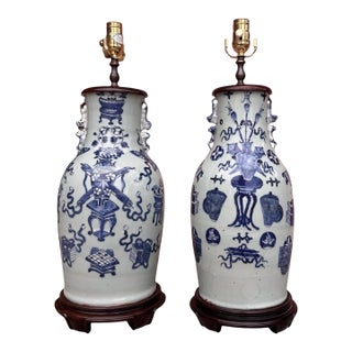 19th Century Chinese Blue & White Celadon Glazed Pottery Vase Table Lamps - A Pair For Sale