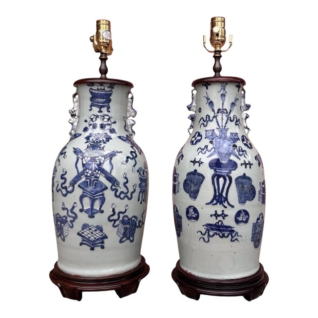 19th Century Chinese Blue & White Celadon Glazed Pottery Vase Table Lamps - A Pair For Sale