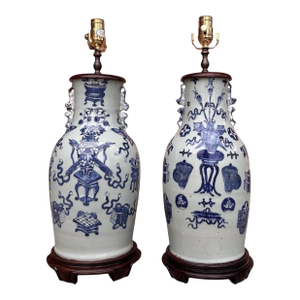 19th Century Chinese Blue & White Celadon Glazed Pottery Vase Table Lamps - A Pair