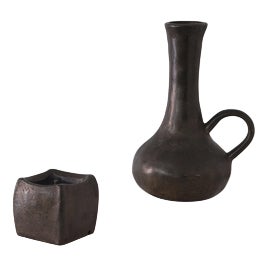 Brutalist Cast Bronze Candle Holder and Vase, 1970s, Set of 2 For Sale