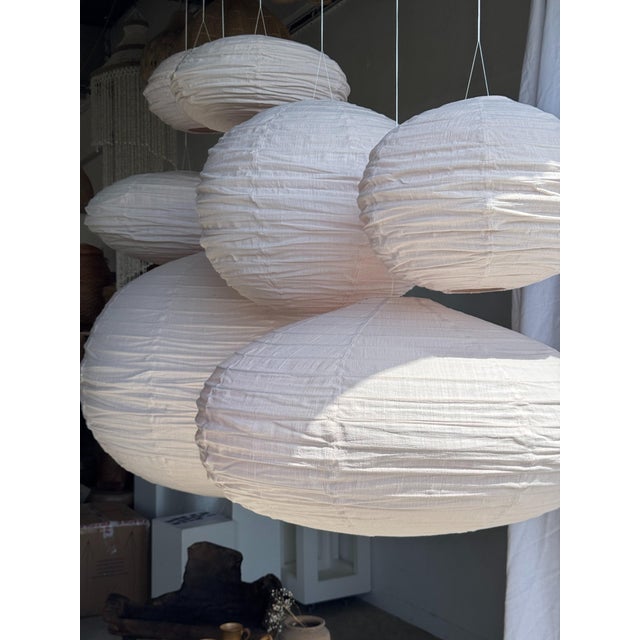 Japanese-Style Round Pink Rattan and Natural Linen Pendant Light For Sale - Image 10 of 18