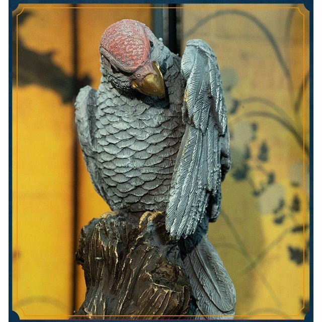 Metal Brass Parrot Figurine – 6.7" Gray Bird Sculpture on Wooden Branch For Sale - Image 7 of 11